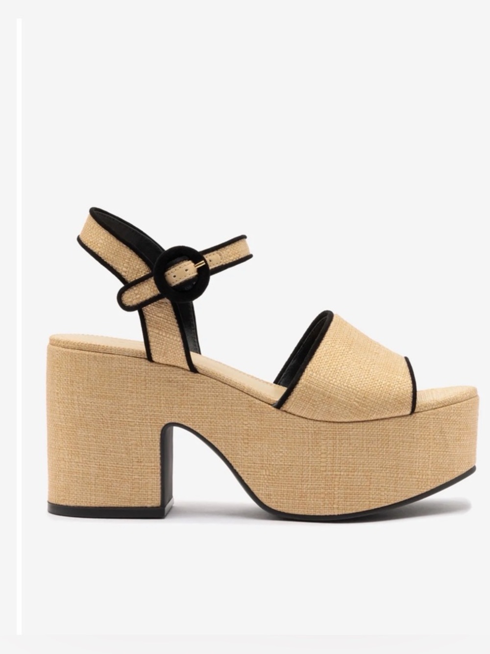 Larroude Miso Sandal Beige Raffia Platform Sandal with Black Trim